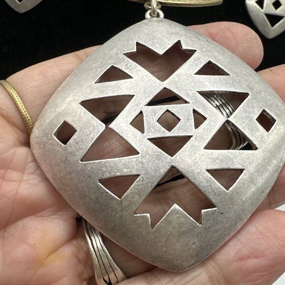 Set Necklace Earrings SilverTone Brass Tribal Geometric Cut Out Rope Chain 18”3” - Picture 6 of 14